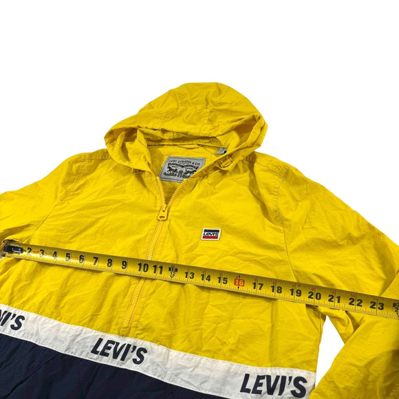 Levi’s Men’s Hooded Windbreaker Jacket Yellow Navy Half-Zip Pullover Size S - Picture 5 of 7